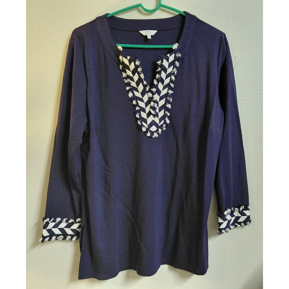 Crown & Ivy Women's Large Navy Blue Tunic Top Chevron Fringe Trim 3/4 Sleeve